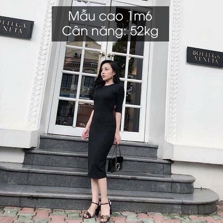 Váy body dáng dài qua gối, đầm body dáng ôm tay lỡ cổ tròn Basic chất thun gân V065
