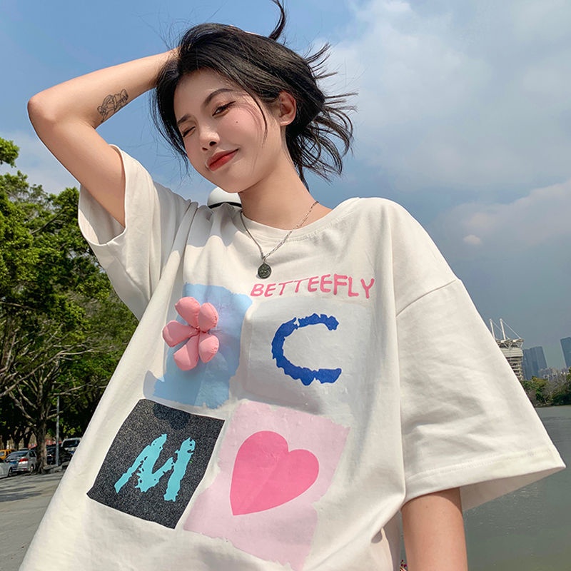 Áo Thun Tay Ngắn Dáng Rộng In Chữ Trẻ Trung Hợp Thời Trang Hè Mới Cho Bạn Gái