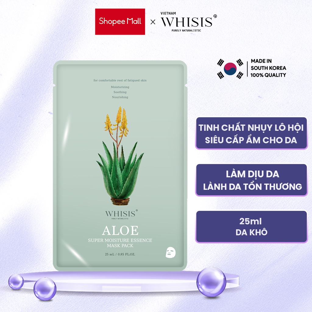 Mặt Nạ Cao Cấp Tinh Chất Nhụy Hoa Lô Hội WHISIS Aloe Super Moisture Esssence Mask Pack Dưỡng Ẩm Cho Da Khô 25ml