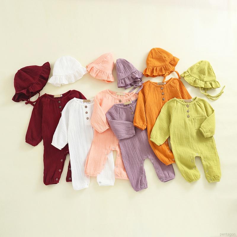 Set đồ liền thân và mũ màu trơn xinh xắn cho trẻ em