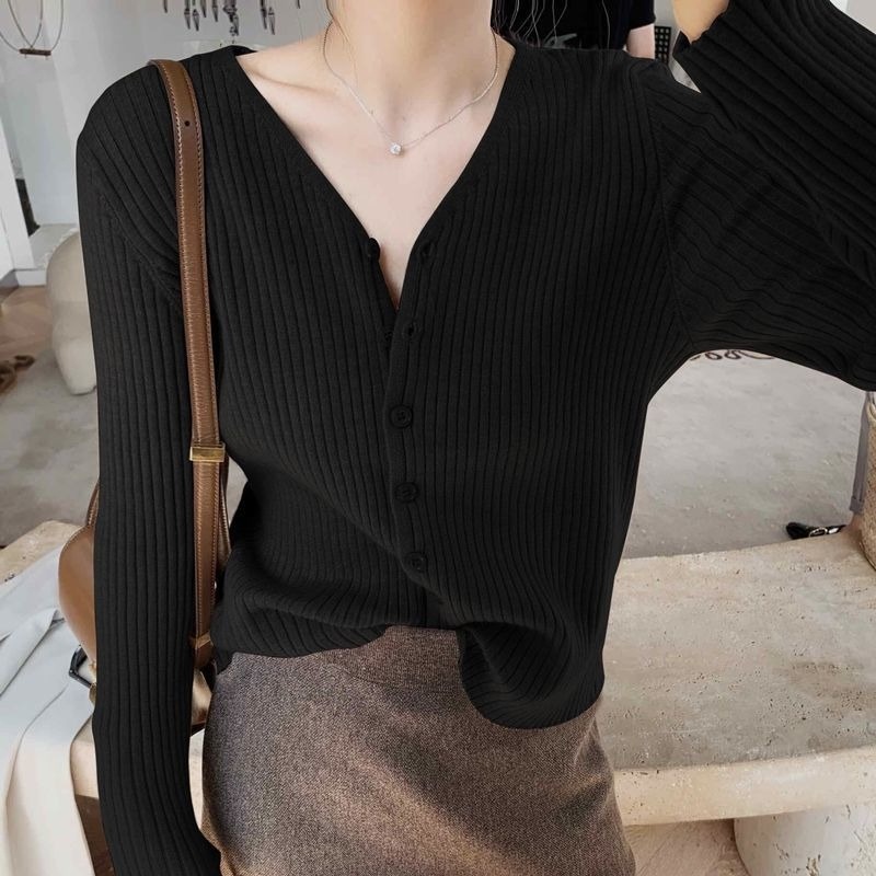 【Hana and Alice】Áo Cardigan Dệt Kim Tay Dài Cổ Chữ V Dáng Ôm Đơn Giản Trẻ Trung