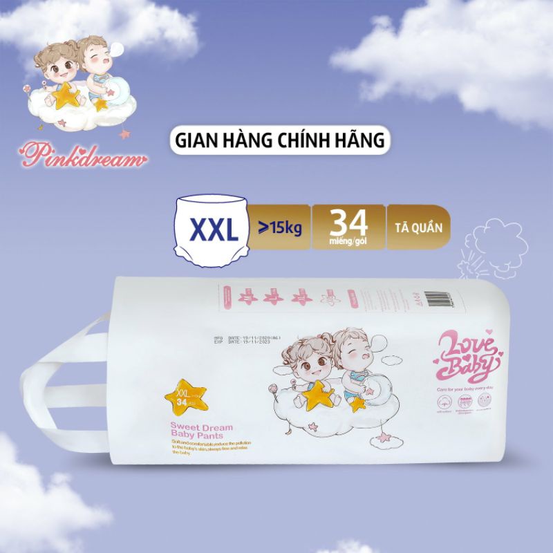 Tã/bỉm quần hữu cơ PinkDream Lovebaby size XXL 34 miếng cho bé trên 15kg