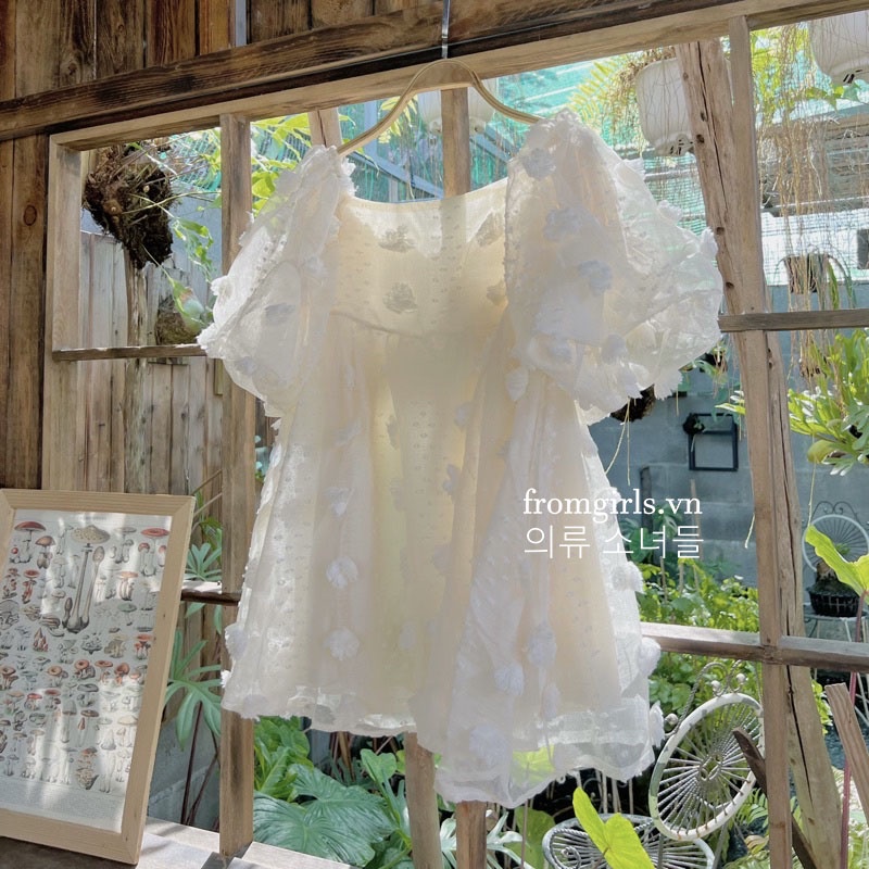 Váy babydoll hoa nổi, đầm trễ vai babydoll tay phồng tiểu thư ulzzang - V81