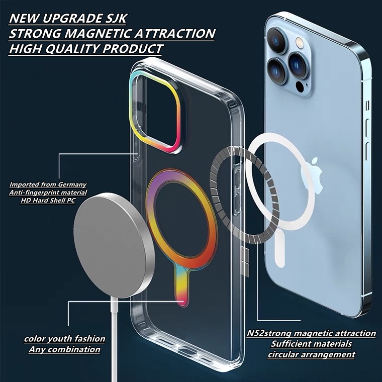 Ốp Điện Thoại PC Từ Tính Trong Suốt Màu Cầu Vồng Mới Cho iPhone 13 13 Pro 13 Pro Max 14 14 Max 14 Pro 14 Pro Max