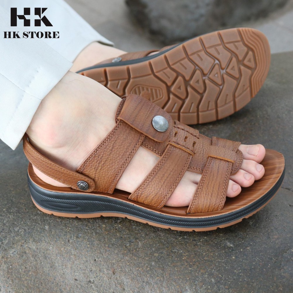 Dép sandal nam cao cấp 💝 HK.STORE 💝 da bò xịn kết hợp đế kếp cao 3,5cm cực đẹp khâu may chân quai công nghệ 2021.