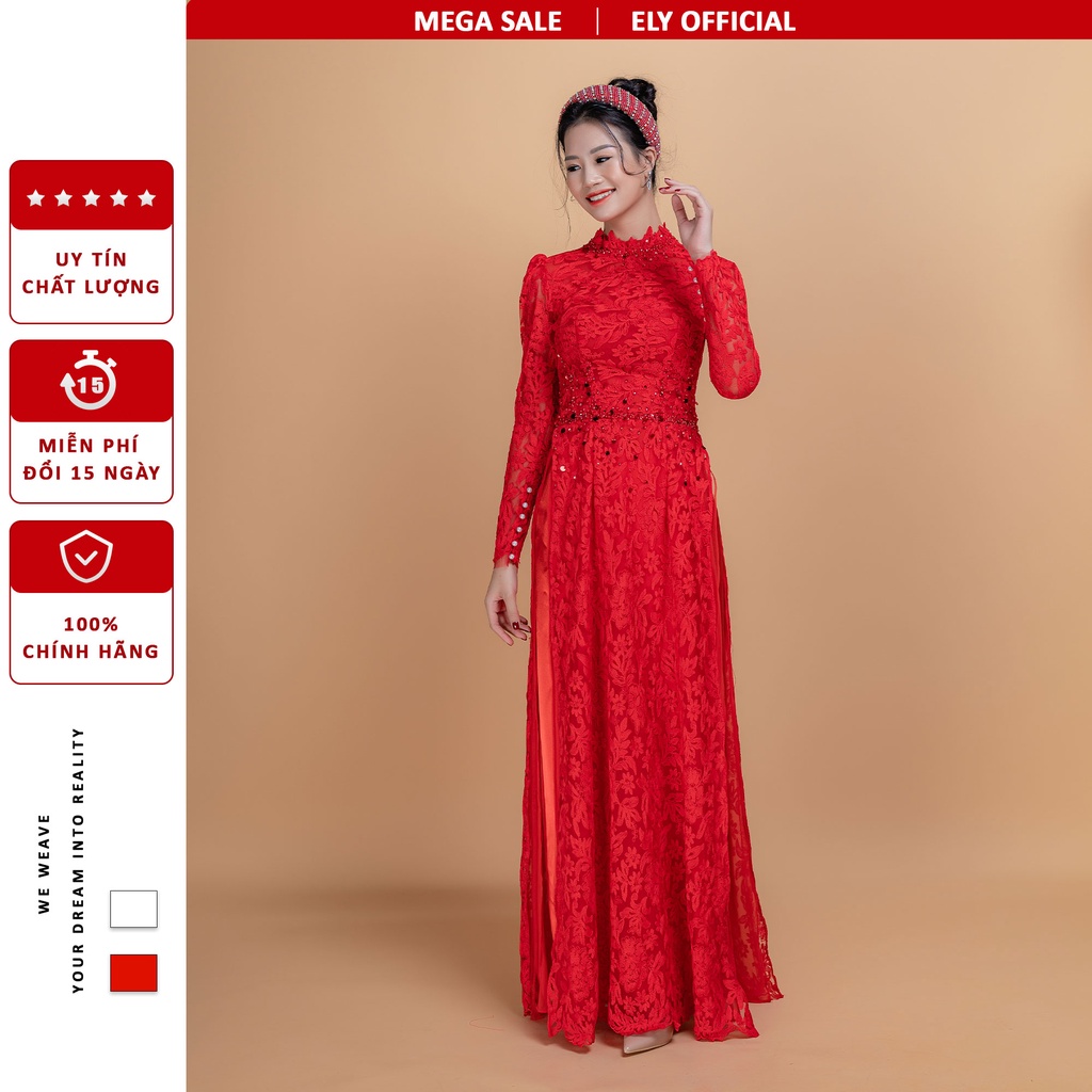 Áo dài cưới, áo dài ăn hỏi ELY, áo dài đỏ đính kết cổ cách điệu, 3 lớp 6 tà ELR12