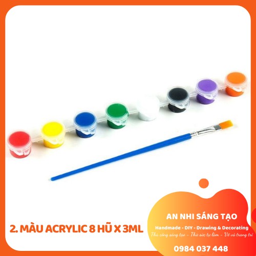 Set vẽ tranh tiện dụng: 8 Màu Acrylic, bộ 5 Bút xốp, Khay pha màu 10 ô