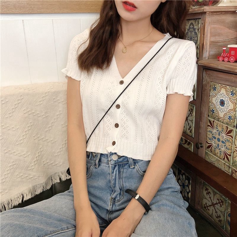 Áo Croptop Dệt Kim Cổ Chữ V Phong Cách Retro Hàn Quốc | BigBuy360 - bigbuy360.vn