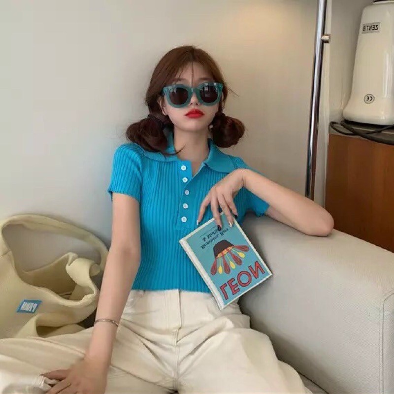 Áo len mỏng cộc tay cổ bẻ cúc ngực