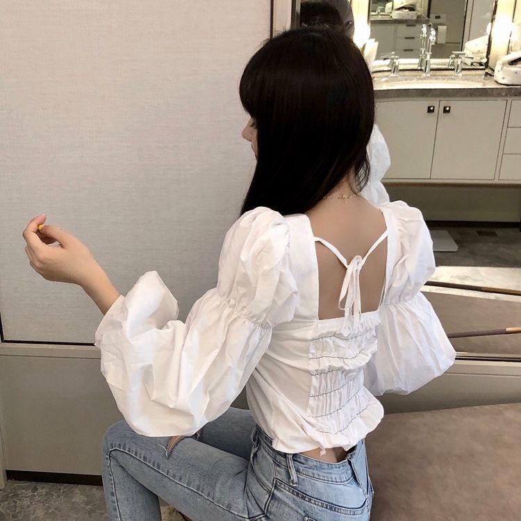 Áo Sơ Mi Cổ Vuông Tay Bồng Thắt Dây Phong Cách Thời Trang Hàn Quốc Mới