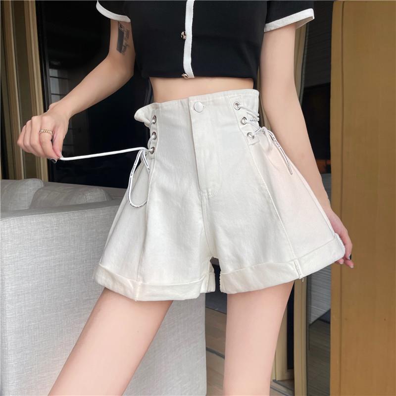 Quần Short Denim Nữ Cạp Cao Ống Rộng Thắt Dây Mùa Hè Hàn Quốc Mới