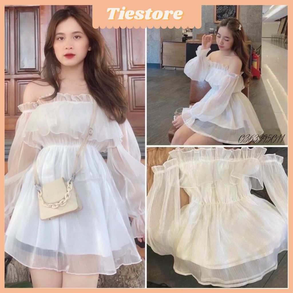 Áo trễ vai Công chúa Viền Bèo Voan Tơ Áo Trắng Nữ Dài Tay 2 Lớp vintage| TiesT02
