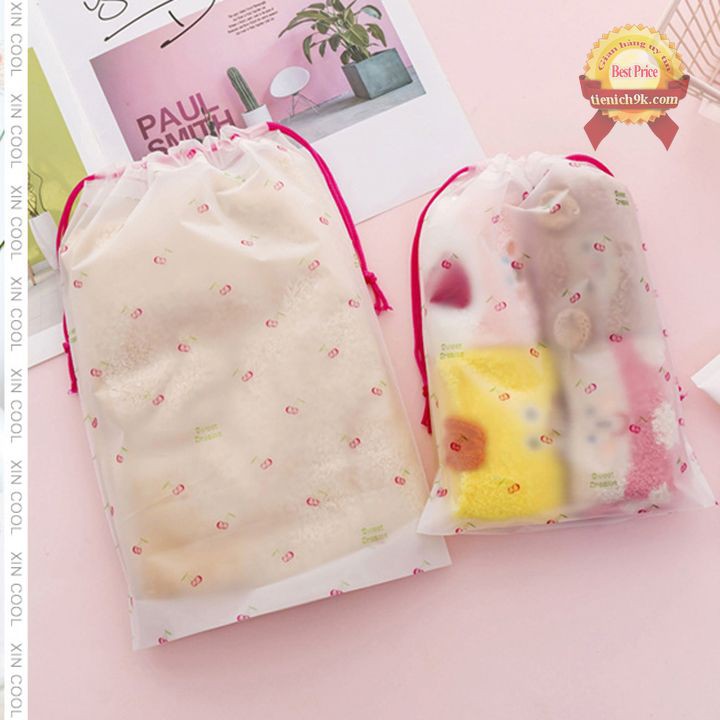 Túi zip trong suốt dây rút đựng giày quần áo chống nước hình mèo, cherry, xương rồng