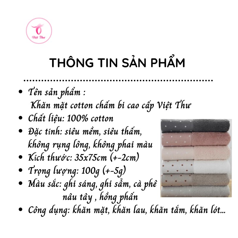 Khăn mặt cotton chấm bi cao cấp VIỆT THƯ, siêu mềm mịn, siêu thấm hút, siêu dày, 100gr, 35x75cm