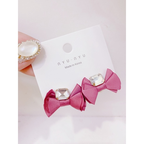 bông tai nơ vải đính đá, khuyên tai ruy băng phong cách hàn quốc