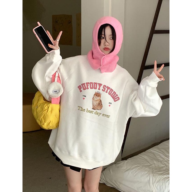 Áo sweater cổ tròn dáng rộng in hình mèo đáng yêu xinh xắn thời trang thu đông 2022