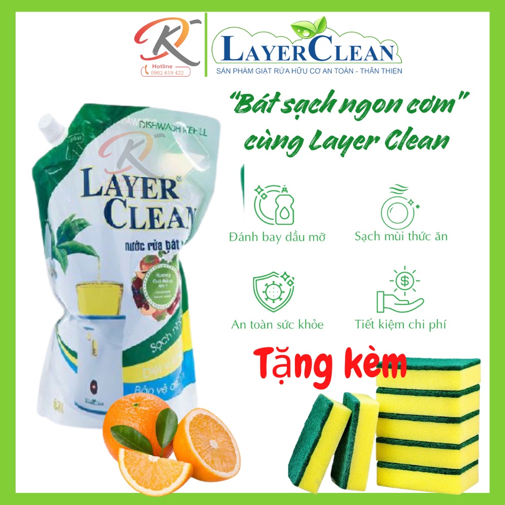 Nước rửa bát hữu cơ Layer Clean loại 2 lít - Hương hồng, hương quả quýt - Tặng miếng mút cọ rửa cao cấp