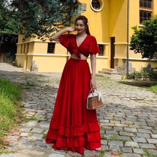 🔴 Set đầm maxi đỏ Boho bèo chân váy + áo croptop cột ngực cánh tiên