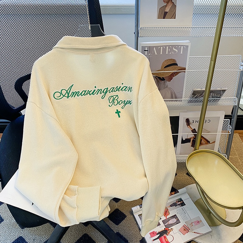 ZHELIHANGFEI Áo Thun POLO Tay Dài Form Rộng Họa Tiết Thêu Theo Phong Cách Retro Dễ Phối Đồ