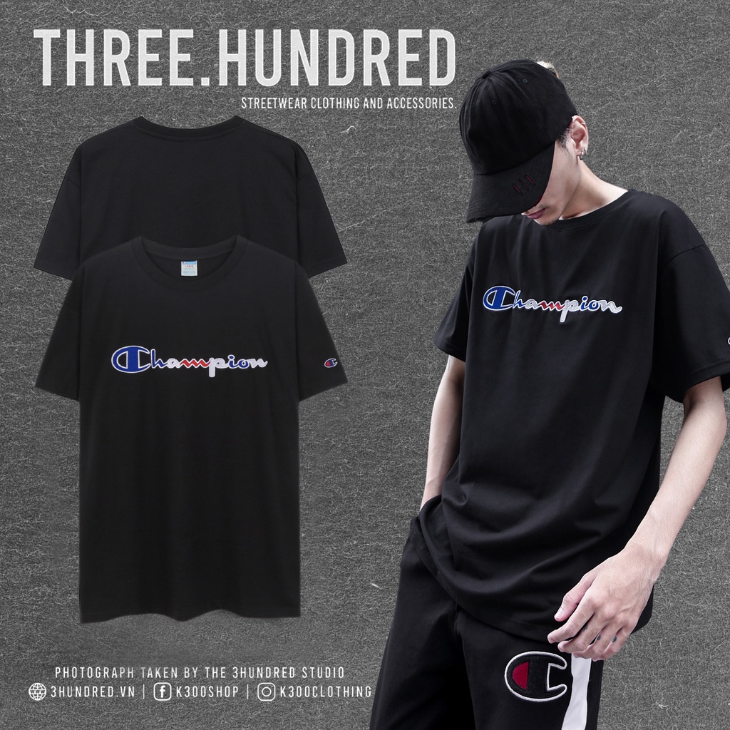 Áo Thun Champion Thêu Chữ Nhiều Màu - Logo To - Màu Đen