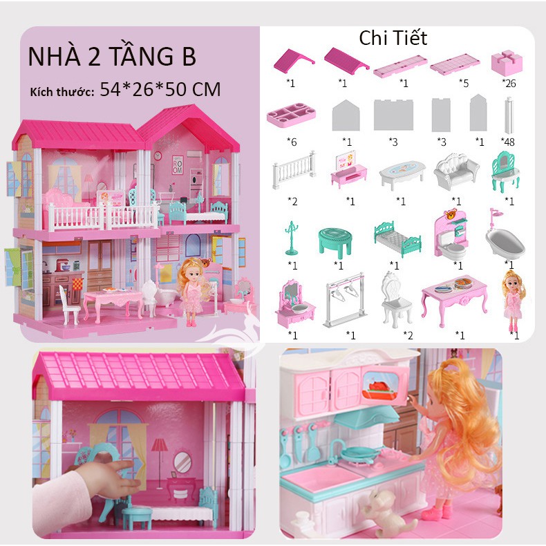 Nhà búp bê cỡ lớn cho bé - Đồ Chơi Lắp Ghép Ngôi Nhà Biệt Thự Búp Bê Xinh Xắn Cho Bé Gái