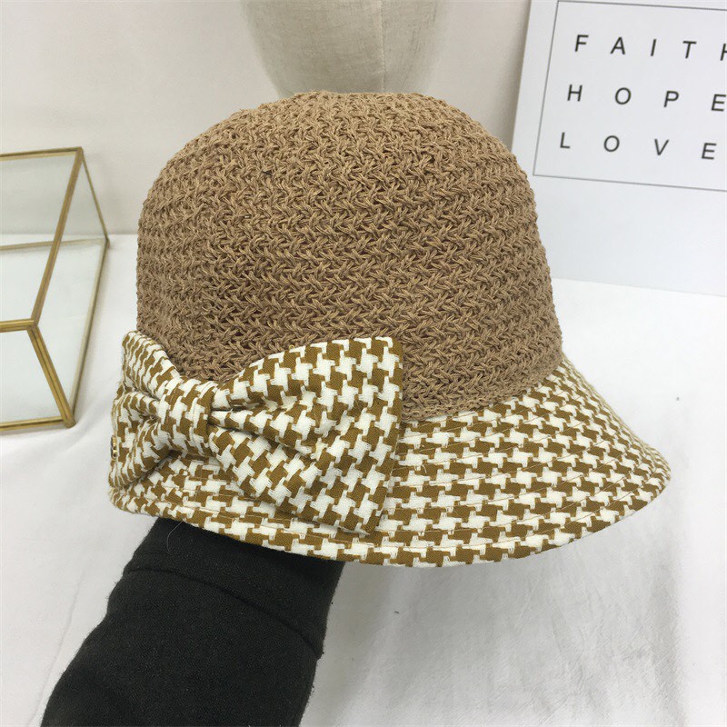 MŨ/NÓN TAI BÈO ĐAN CÓI PHỐI VẢI MÀU NÂU CÀ PHÊ Họa Tiết Caro Đính Nơ Xinh Xắn,Thời Trang Trẻ Trung Mùa Hè Dành Cho Nữ