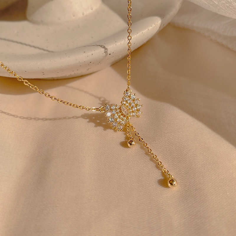 Vòng Cổ Nơ Bằng Thép Titan Đính Đá Zircon Kiểu Hàn Quốc Cá Tính Lãng Mạn Cho Nữ