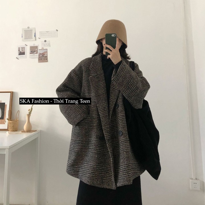 Áo Khoác Dạ Kẻ Blazer Đông Xuân 2021 Kẻ Retro 2 Lớp Loại 1 Form Rộng Ullzzang 