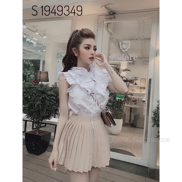 Chân váy dập ly 1 tầng ngắn, vải tuyết mưa có may kèm quần bên trong