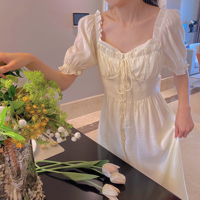Đầm Công Chúa Tay Phồng Cột Dây Eo Phong Cách Ngọt Ngào Thời Trang Mùa Hè Hàng Mới