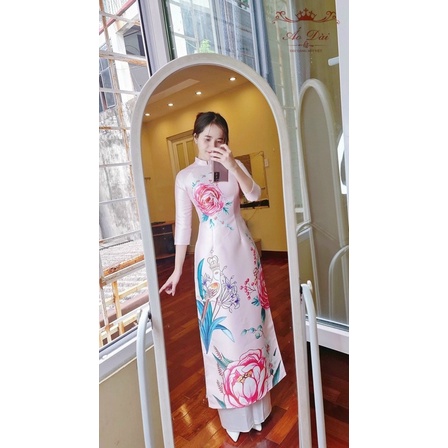 Áo dài lụa hoa mềm mịn tà dài 120 toàn bộ ảnh thật 100%