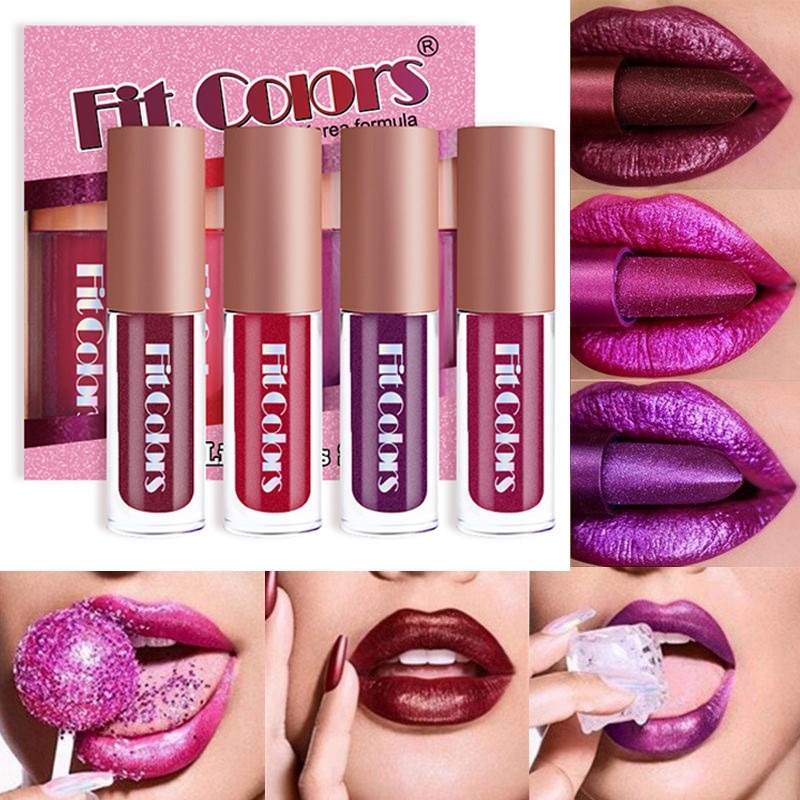 Set 4 Son Môi Dạng Lỏng Ánh Kim Tuyến Lấp Lánh Dưỡng Ẩm Chống Thấm