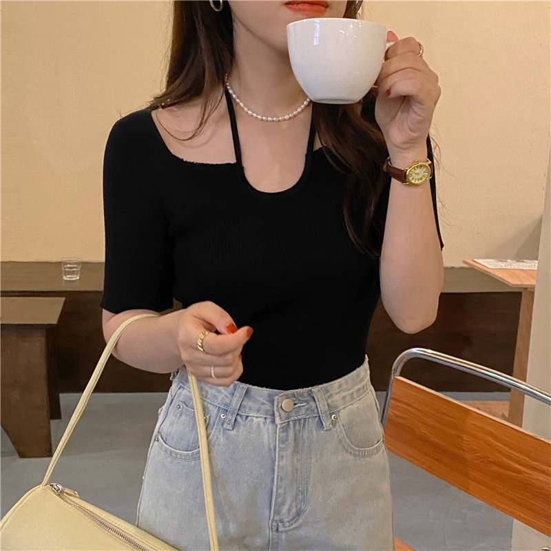 Áo Thun Dệt Kim Dáng Ngắn Phối Dây Buộc Cổ Dễ Phối Đồ