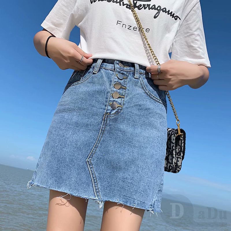 Chân váy jean Chữ A Xếp Ly Lưng Cao Co Giãn Phong Cách Hàn Quốc Mới