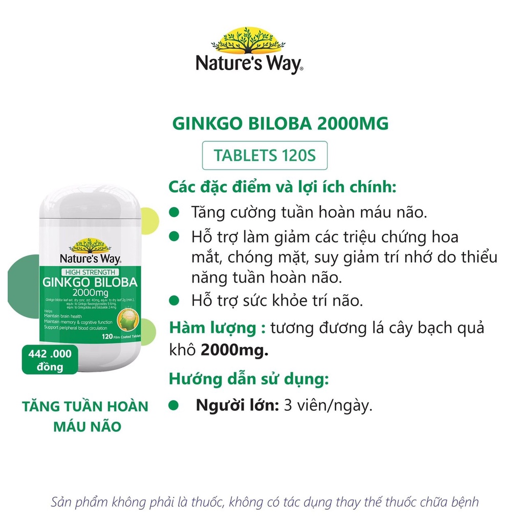 Viên uống Nature's Way High Strength Ginkgo Biloba 2000mg hỗ trợ tăng cường sức khỏe não bộ (120 viên)