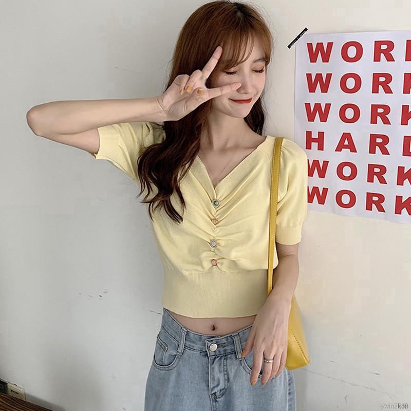 Áo Croptop Dệt Kim Tay Phồng Thiết Kế Cổ Chữ V Quyến Rũ