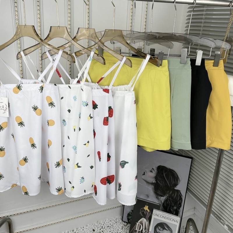 Set aos 2 dây hoa quả mix quần sooc đùi nhiều màu chất thô đũi Bộ 2s hở vai