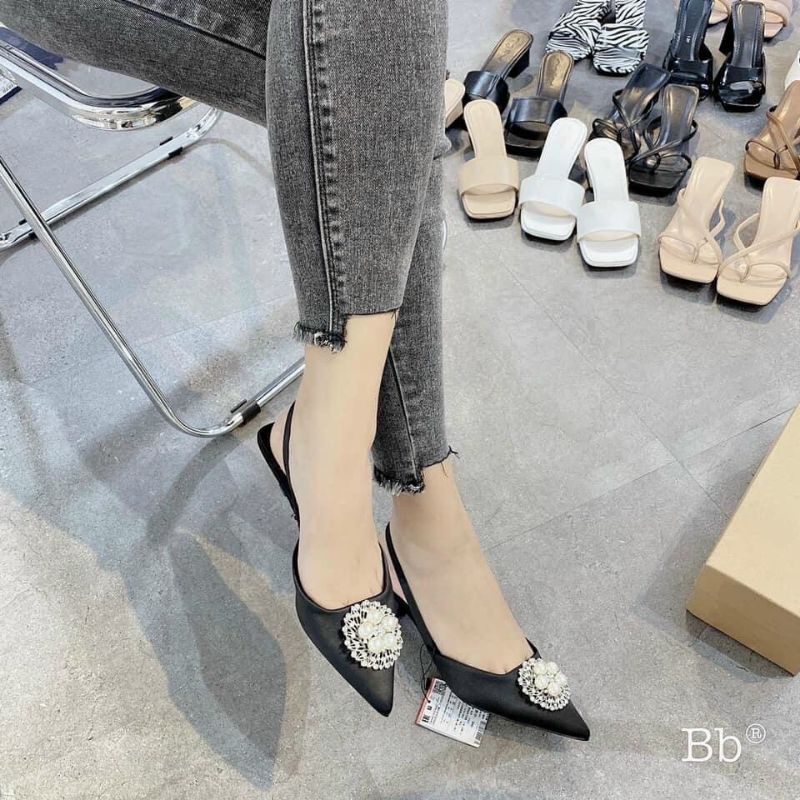 G70: Giày cao gót công sở, giày mũi nhọn gắn đá, giày hở gót 4cm