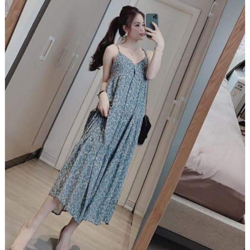 Váy bầu hai dây thời trang thiết kế M348 chất lụa hoa freesize từ 45 đến 70kg