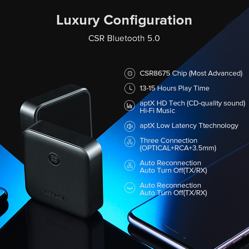 Bộ thu phát bluetooth 5.0 Ugreen AptX HD cho TV/tai nghe cổng Optical 3.5mm SPDIF