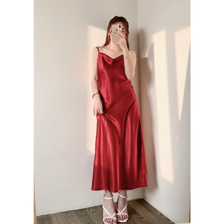 Váy hai dây dây lụa bóng slipdress đỏ đậm dáng suông Mimi Harriet