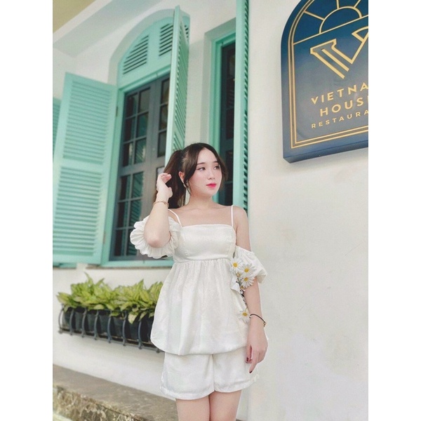 SET ÁO HAI DÂY RỚT VAI TAY BỒNG + QUẦN SHORT [kèm ảnh thật]