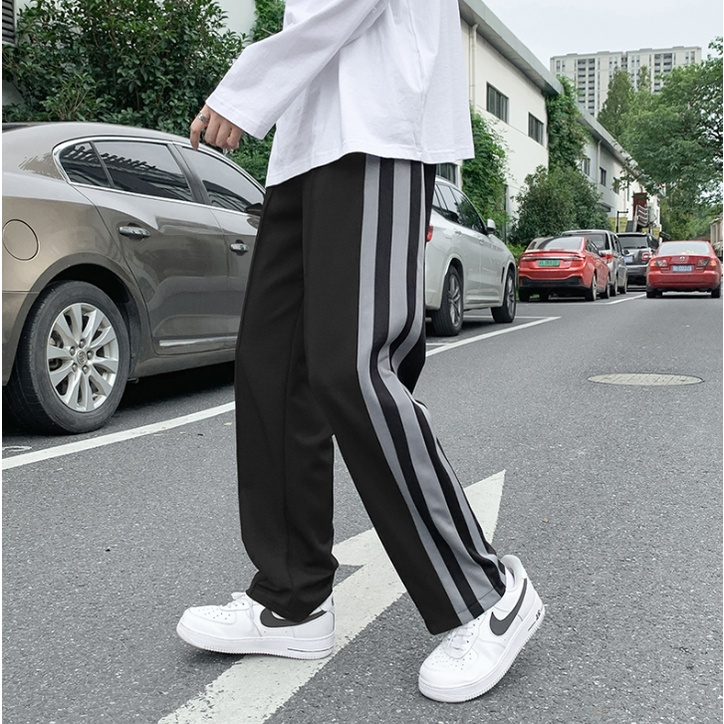 Quần Dài Thể Thao Dáng Suông Rộng Màu Trơn Kẻ Sọc Thời Trang Hàn Quốc Cho Nam