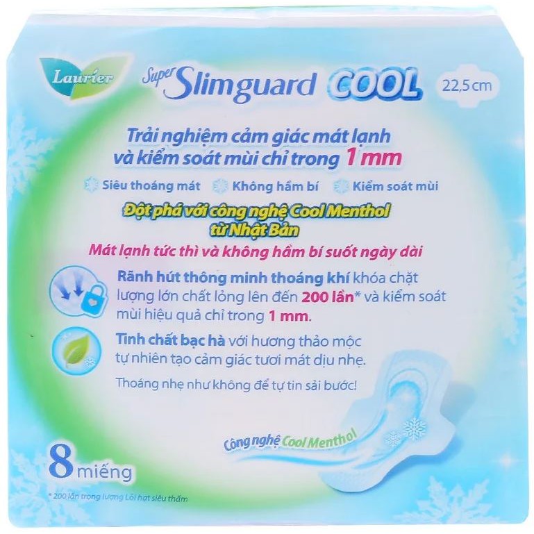 Băng Vệ Sinh Siêu Mỏng Bảo Vệ 1mm Mát Lạnh Laurier Super Slimguard 22.5cm Cool [che tên sản phẩm khi giao hàng]