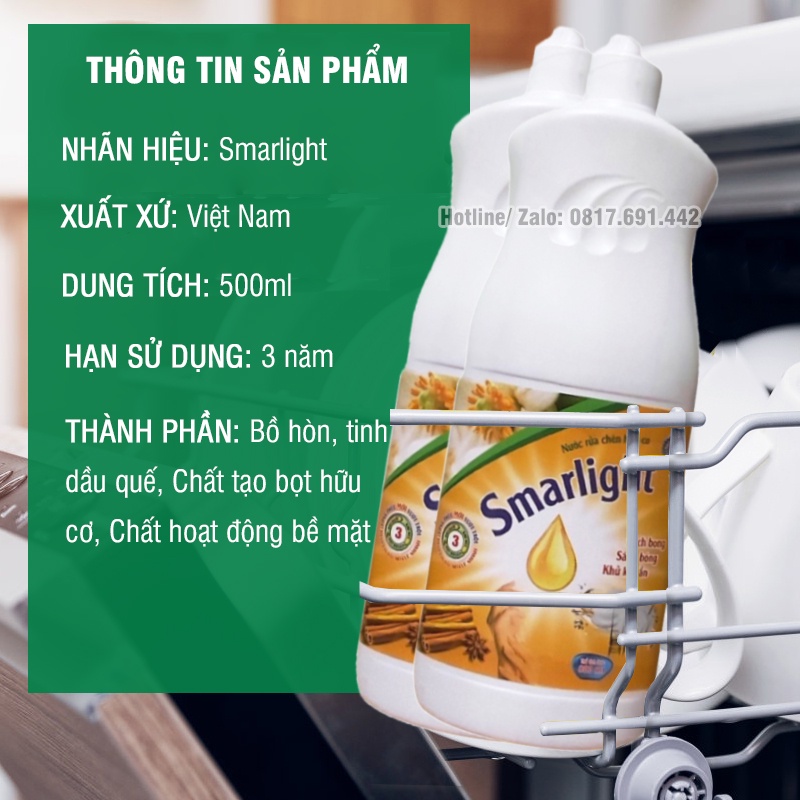 Nước Rửa Bát Hữu Cơ Hương Quế Đậm Đặc, An Toàn, Bảo Vệ Da Tay Smarlight 500ml