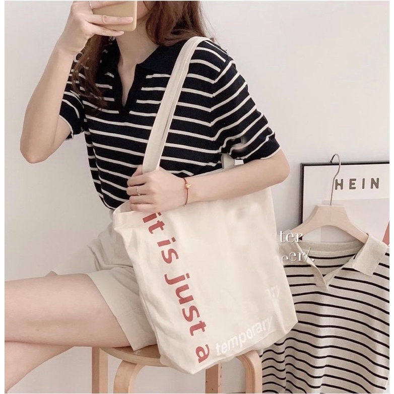 [Sẵn] Áo len polo dệt kim kẻ ngang cộc tay 2 màu đen, be | BigBuy360 - bigbuy360.vn