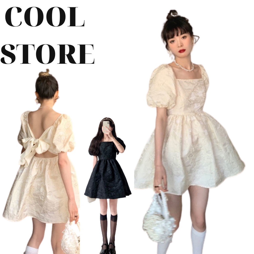 Váy cổ vuông tay bồng phối nơ lụa siêu to khổng lồ , gấm hoa nổi phối lụa hàng chuẩn i hình COOL STORE 378