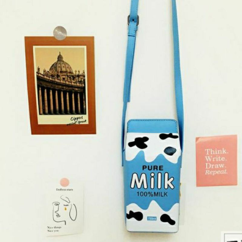 Túi đeo chéo nữ da PU hình hộp sữa bò béo cute ulzzang style màu xanh pastel