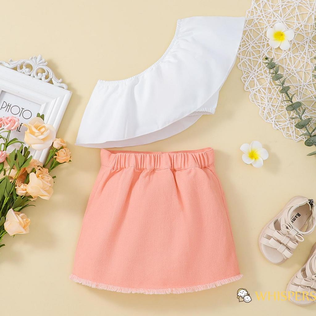Set Áo Lệch Vai Phối Bèo + Chân Váy Lưng Cao Cài Nút Thời Trang Dễ Thương Cho Bé Gái