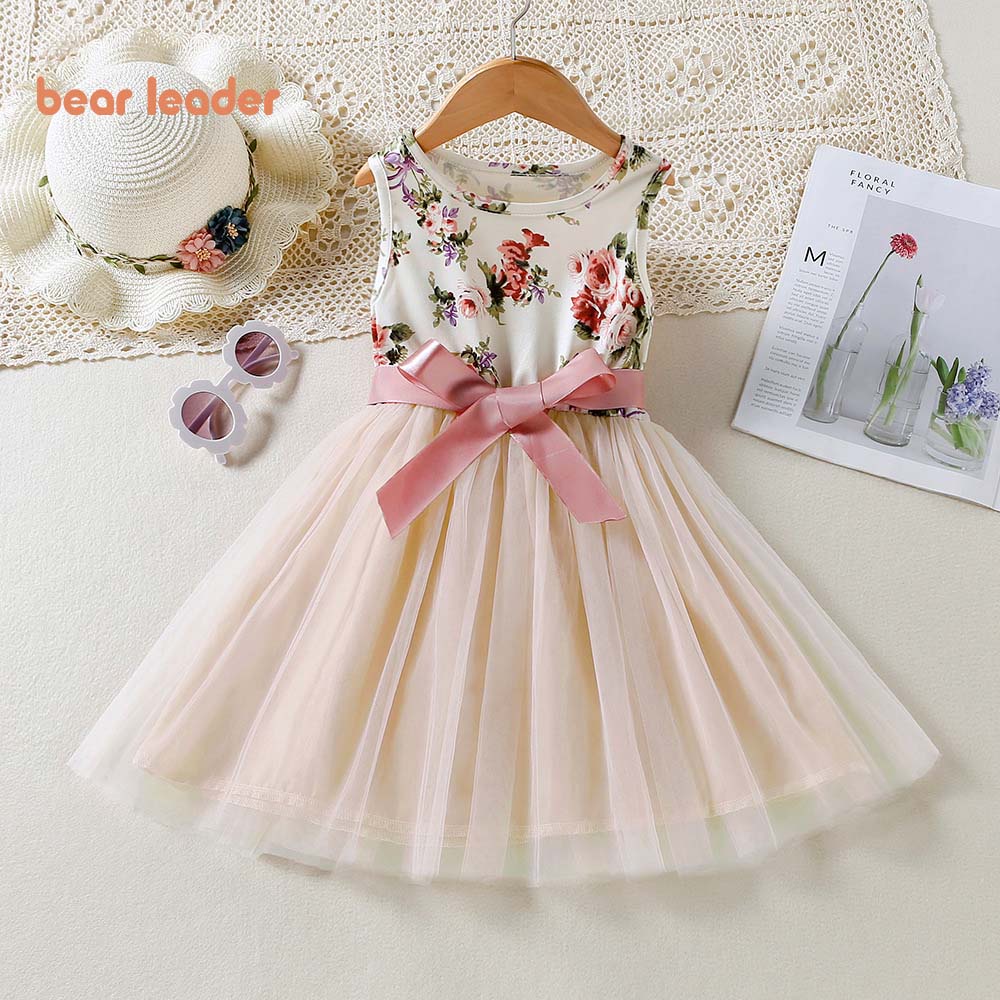 Đầm BEAR LEADER sát nách phối lưới họa tiết hoa thời trang xuân hè dành cho bé gái 3- 7 tuổi